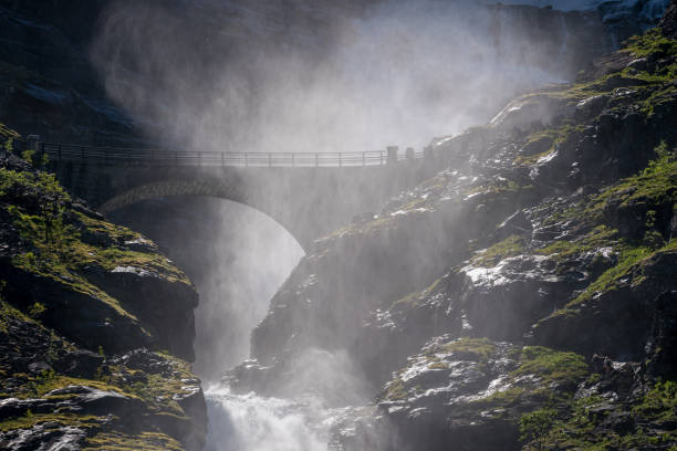 TROLLSTIGEN, NORWAY - 2020 JUNE 24. Big waterfall you have to pass when driving to Trollstigen.