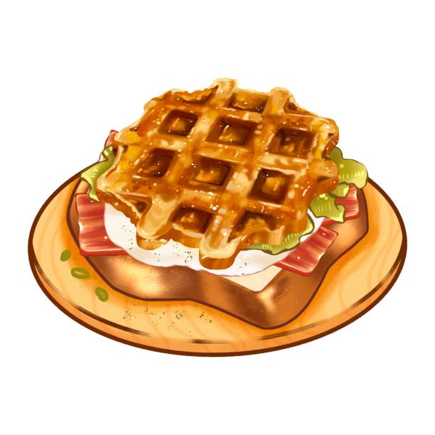 poranne śniadanie z gofrem i francuskimi tostami - waffle breakfast syrup plate stock illustrations