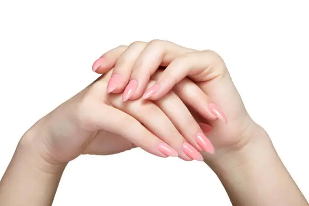 Female hands with woman's professional natural perfect nails manicure isolated on white background.