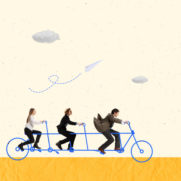 Creative design. Contemporary art collage. Team, employees cycling together symbolzing successful teamwork, cooperation. Moving forward to success. Concept of business, career, assistance, crew