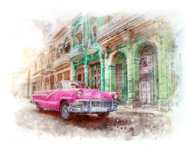 istock Oldtimer classic convertible vintage car in Old Havana Cuba watercolour painting 1368390184