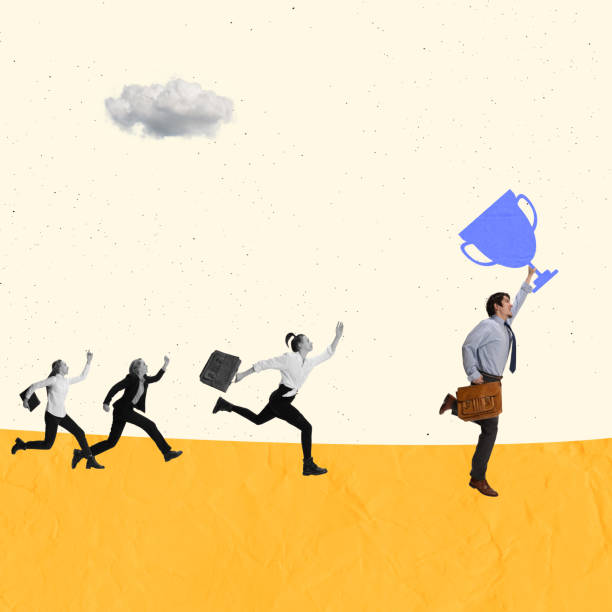 istock Contemporary art collage. Employees running after successful leader with trophy 1368390186