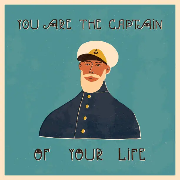 Vector illustration of Portrait of a kind bearded captain in a marine professional uniform, wearing a cap with an anchor sign - conqueror of the seas and oceans symbol. Hand drawn vector isolated illustration.