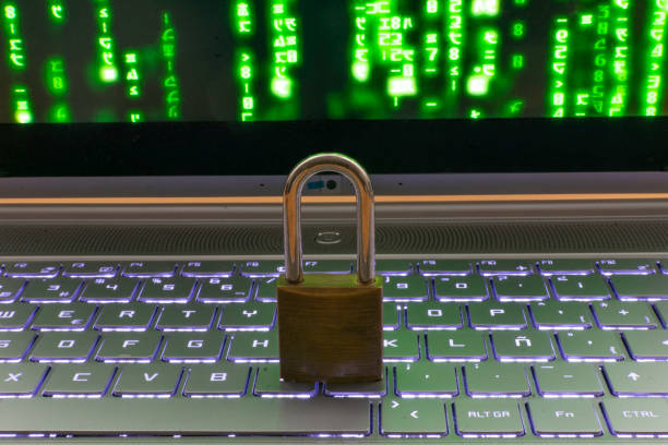 istock Lock on laptop as computer protection and cyber safety concept. Private data protection from hacker malware 1368390459