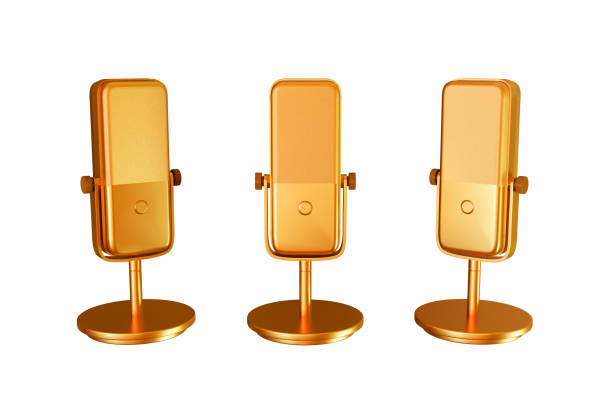istock Gold microphone in three angles on a white isolated background. Modern gold microphone. 3d rendering illustration. 1368392018