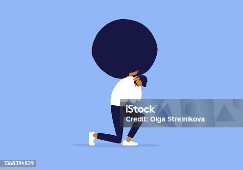 istock Vector illustration of unhappy tired businessman character holding huge stone on shoulders 1368394829