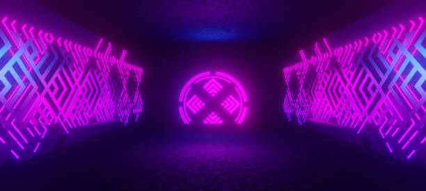 istock Futuristic neon tunnel with blue and red lights. 3D illustration. 1368395722