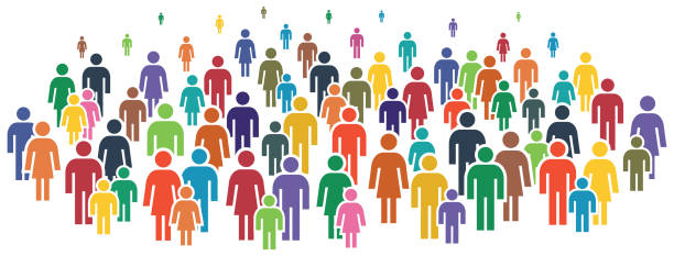Vector illustration of large group of people, which contains icons of women, men, children, families, seniors. Multicolored vector illustration of large group of people. crowd of people clipart stock illustrations