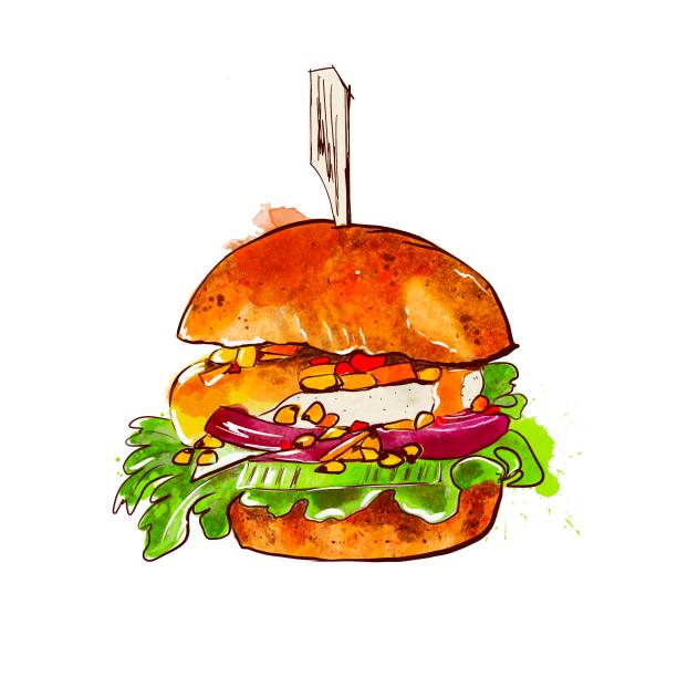 illustrazioni stock, clip art, cartoni animati e icone di tendenza di hamburger chiken con verdure e foglie di lattuga. isolato su sfondo bianco, stile acquerello - food lunch vegetable pattern