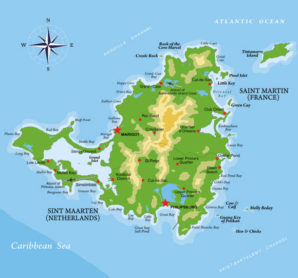 wyspa saint martin bardzo szczegółowa mapa fizyczna - netherlands map cartography silhouette stock illustrations