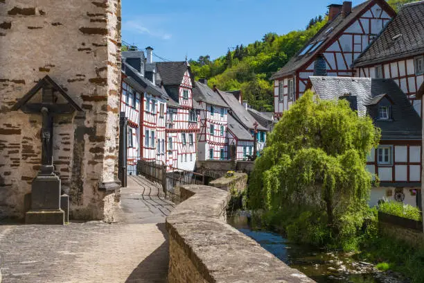 View of the historic half-timbered houses in the romantic Eifel town of Monreal / Germany