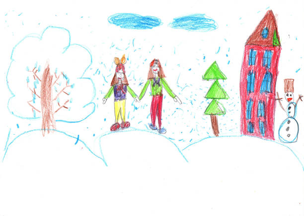자식 도면. 아이들은 크리스마스 트리 밖에서 눈으로 놀아보세요. 휴가, 휴일, 새해, 크리스마스 - playground snow winter little girls stock illustrations