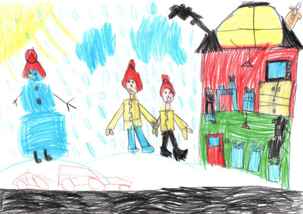 istock Child drawing.Children play with snow outside christmas tree.Vacation, holiday, New year, Christmas 1368400496