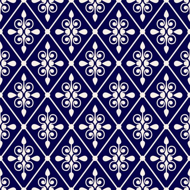 Blue and white floral wallpaper blue and white seamless pattern Islamic, vintage floral background for design ceramic, chinaware, pottery, earthenware, mosaic, texture, indigo, textile, batik, tiled, arabesque wallpaper, vector malaysian batik stock illustrations