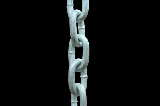 istock Stainless white metal chain. Close-up. Vertical view. Isolated object on a black background. Isolate. 1368401269