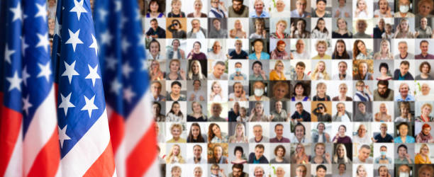 istock usa flag, america flag on videoconference background 1368402828