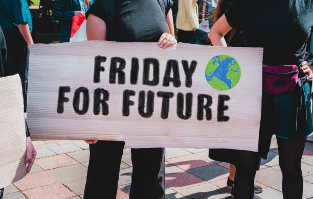the phrase " friday for future " drawn on a carton banner in woman's hand. movement against climate change. a girl holds a cardboard with an inscription: friday for future - green friday stockfoto's en -beelden