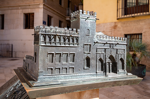 Architectural Model of La Lonja de la Seda (Silk Exchange) in Valencia, Spain. This is located outside the building in a public area and serves as a guide to the building.