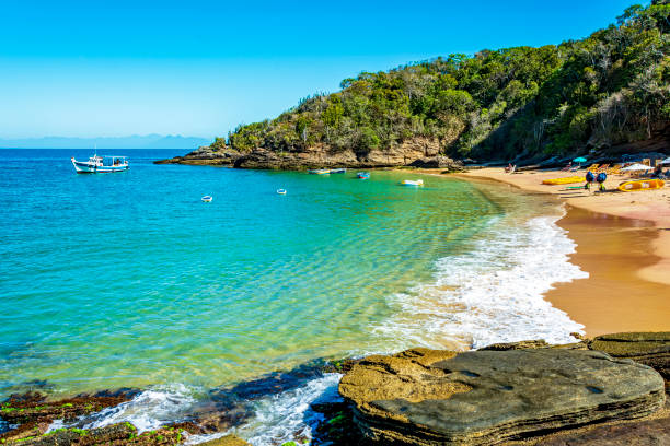 paradise beach with colorful transparent waters surrounded by stones and vegetation - búzios stockfoto's en -beelden