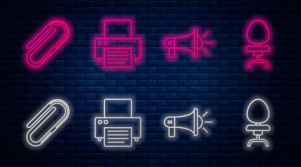 set linie drucker, megaphon, büroklammer und office stuhl. glühende neon-ikone auf ziegelwand. vektor - paper clip audio stock-grafiken, -clipart, -cartoons und -symbole