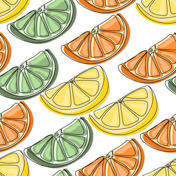 illustrazioni stock, clip art, cartoni animati e icone di tendenza di modello senza cuciture di fette di agrumi di arancia, limone e lime - lime ripe fruit citrus fruit