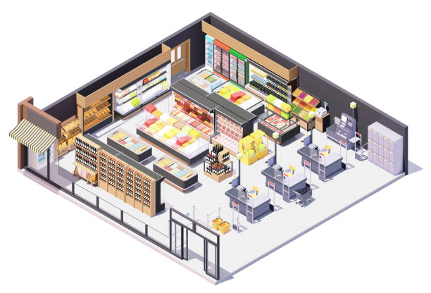 Vector isometric supermarket or grocery building interior Vector isometric supermarket or grocery building interior. Supermarket equipment, shelves and refrigerators with products, anti-theft gates, trolley cart, cashier desks and self-checkout system supermarket stock illustrations