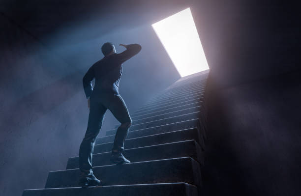 istock Concept with businessman walking up stairs look forward secrets future. Photorealistic 3D rendering. 1368412720