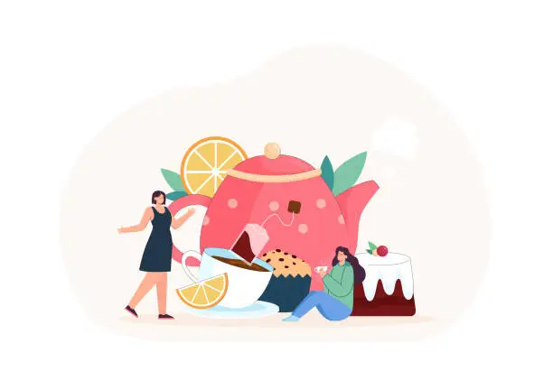 Vector illustration of Poster of tiny women with huge teapot, cup and pastry