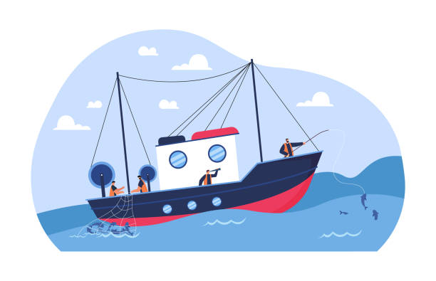 그물과 막대를 사용하여 물고기를 잡는 선박에 어부 - sea nautical vessel fisherman fishing industry stock illustrations