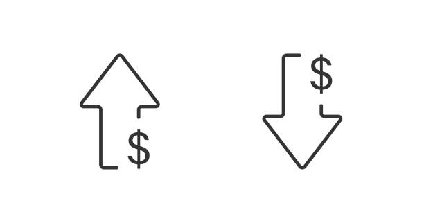 ilustraciones, imágenes clip art, dibujos animados e iconos de stock de icono aislado de flecha de dólar en estilo de línea. moneda al alza y a la baja. concepto de negocio vectorial - bajo posición descriptiva