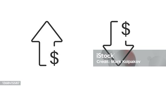 istock Dollar arrow isolated icon in line style. Rising and falling currency. Vector business concept 1368415587