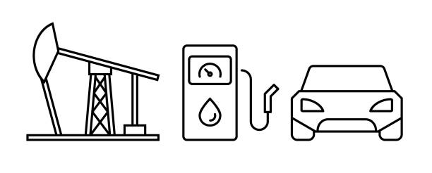 bohrinsel, zapfsäule und ein autoliniensymbol. fossiles energiekonzept. - gauge gas fossil fuel fuel gauge stock-grafiken, -clipart, -cartoons und -symbole