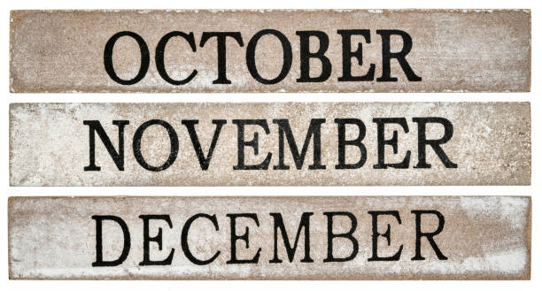 October, November and December months - rough text on grunge wooden blocks isolated on white