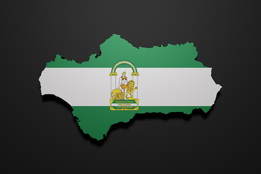 3d rendering of an Andalucia Spanish Community flag and map on a black background