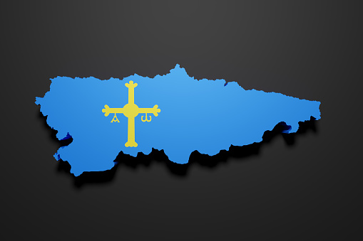 3d rendering of an Asturias Spanish Community flag and map on a black background