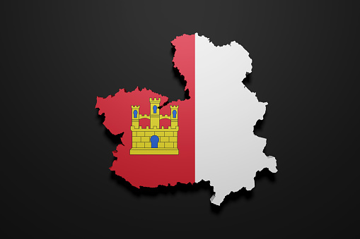 3d rendering of a Castilla La Mancha Spanish Community flag and map on a black background