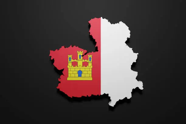 3d rendering of a Castilla La Mancha Spanish Community flag and map on a black background