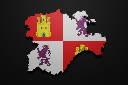 3d rendering of a Castilla Leon Spanish Community flag and map on a black background