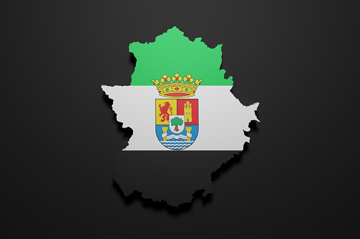 3d rendering of an Extremadura Spanish Community flag and map on a black background