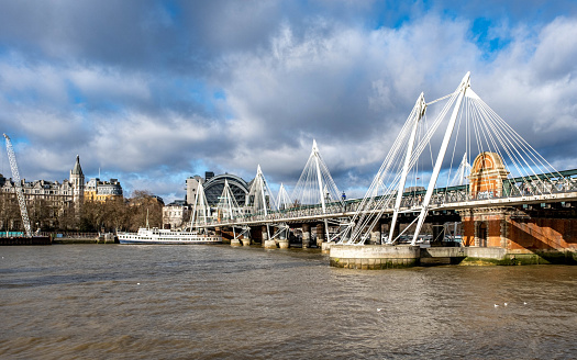 London England UK, 29 January 2022, Steel Support Structure Golden Jubilee Bridge Pedestrian Crossing The River Thames