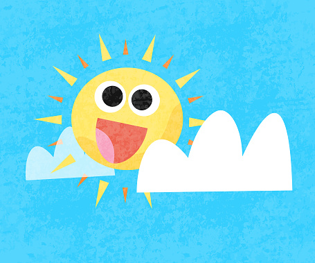 Vector illustration of a cute smiling sun with a soft texture effect. The texture is on a separate layer so you can easily turn it on/off from the layers panel. Colors are global for easier editing.