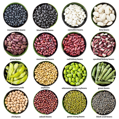 set of various beans in bowls with names isolated on white background