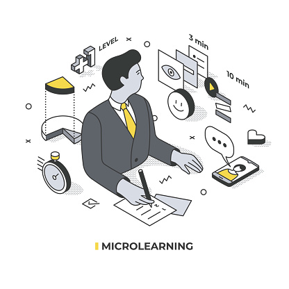 Concept of micro learning education. Employee learning new knowledge in small bits at a time. Isometric illustration