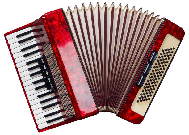 vecchia fisarmonica rossa isolata su fondo bianco. - accordion foto e immagini stock