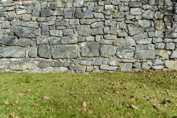 istock Grass lawn with wall decorative uneven cracked real stone surface 1368423974
