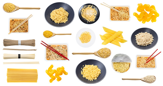 set of various cooked and dry pasta and noodles isolated on white background