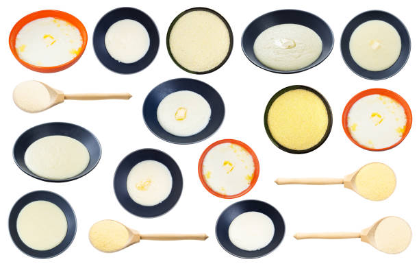 set of various boiled and waw semolina isolated set of various boiled and waw semolina isolated on white background food sample cups stock pictures, royalty-free photos & images