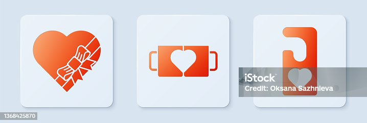 istock Set Two coffee cup and heart, Candy in heart shaped box and bow and Please do not disturb with heart. White square button. Vector 1368425870