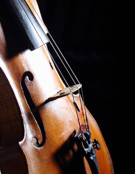 istock Old violin on black background, stringed musical instrument details - bridge, strings 1368426476