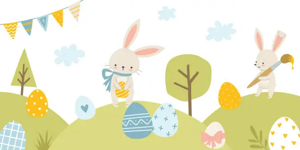 Vector illustration of Easter rabbits on the lawn with painted eggs. Cute bunny on meadow eggs hunt.